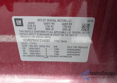 2015 Chevrolet Silverado 1500 Wt из США, поврежденный, VIN 1GCRCPEHXFZ348057